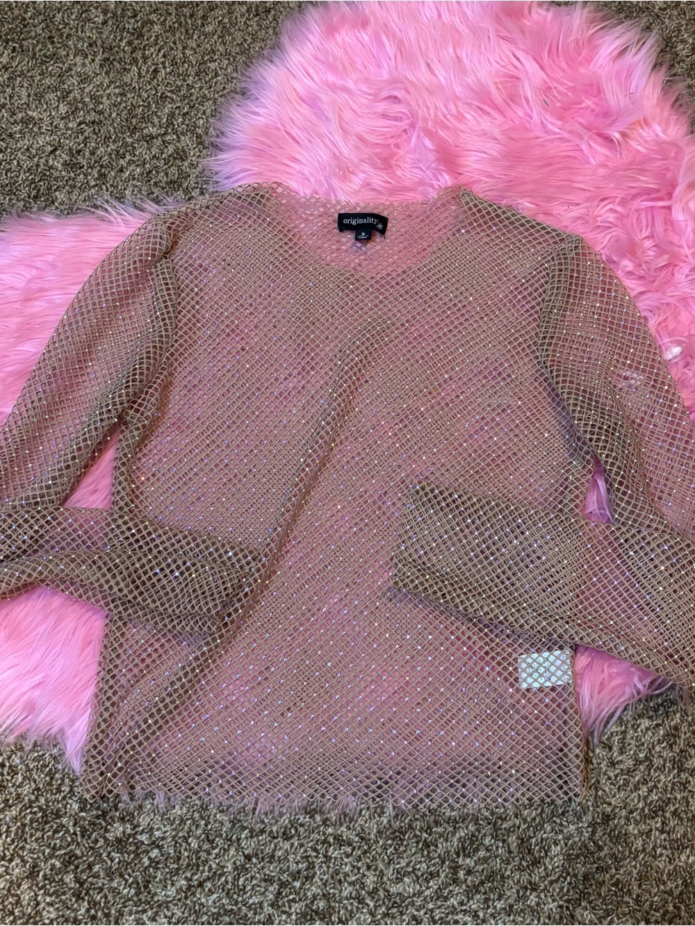 Originality Sheer Rhinestone Fishnet Mesh Top Bell Sleeve Y2K Festival Clubwear